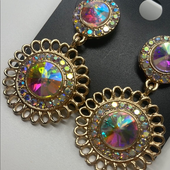 1128. Saks Fifth Avenue Gold Earrings with Iridescent Accents - Picture 2 of 3